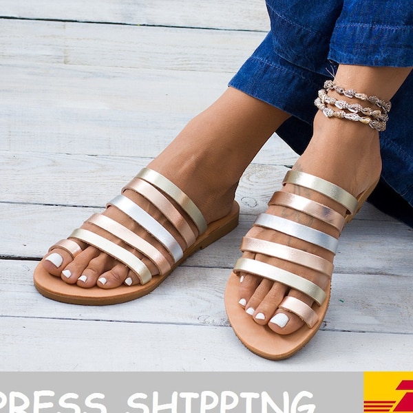 SERIFOS Sandales plates, sandales en cuir, sandales grecques en cuir, chaussures d'été, sandales grecques