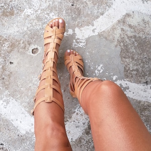 Natural veg tan leather knee high gladiator - Woman wearing the sandals
