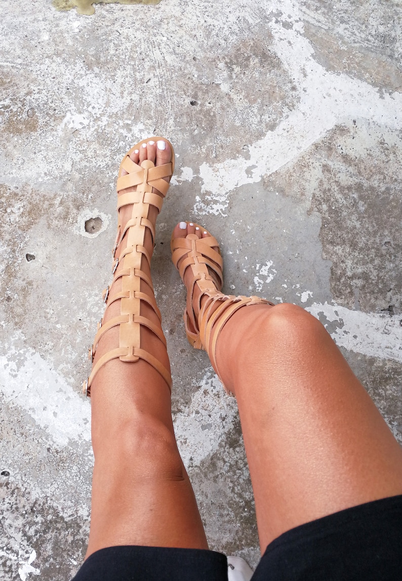 Natural veg tan leather knee high gladiator - Woman wearing the sandals
