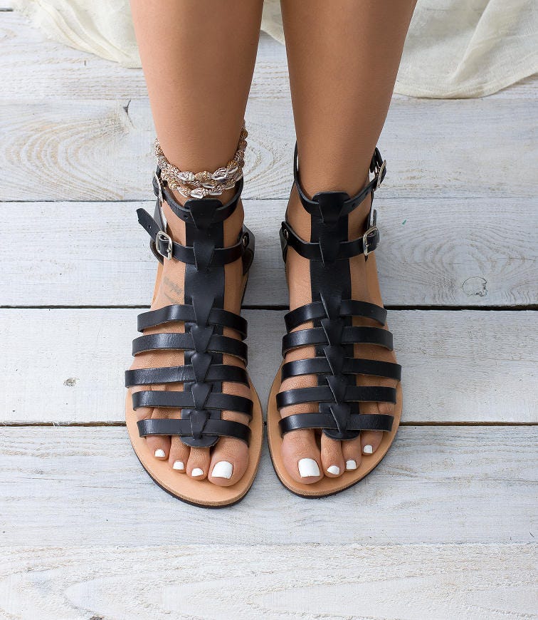 DELOS Gladiator sandals black leather sandals Greek sandals | Etsy