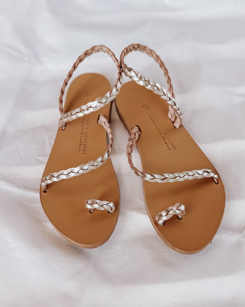 sandales en cuir grec pour femmes, sandales en cuir pour femmes, sandales dorées, sandales Griechische Leder, anneau d'orteil, SYROS tressé or image 6