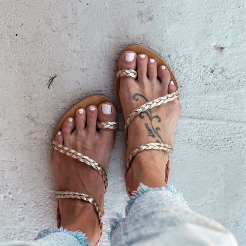 Braided Sandals, Leather sandal Women, Gold Greek Leather Flats, Braid Strap, Handmade | Syros