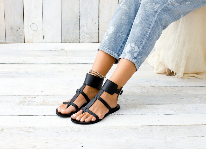 KASOS Black Leather Women Sandals From Greece Gladiator - Etsy