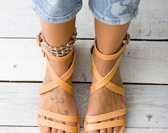 Greek Gladiator Sandals, Narrow Fit, High Ankle Leather, Closed Heel Zip, Veg Tanned | CHIOS