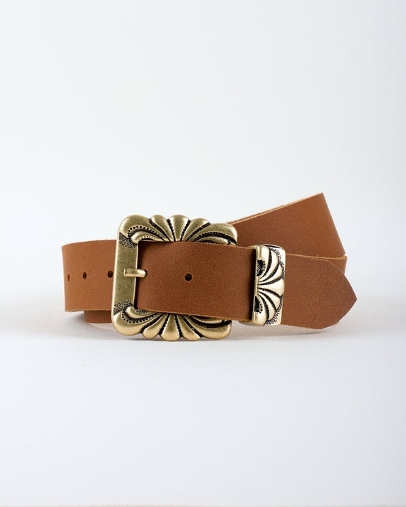 Rustic Brown Leather Belt, Gold Boho Buckle, Women display picture 3
