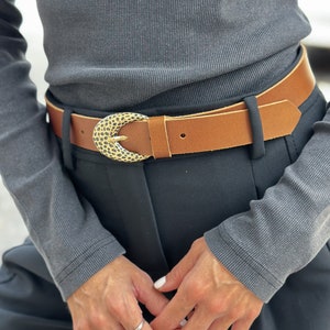 LEO, Handmade Genuine Brown Leather Women's Belt with Bronze Buckle from Greece, Elegant Gift