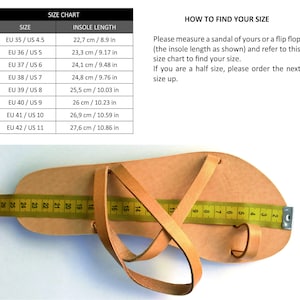 May include: Size chart for sandals with measurements in both inches and centimeters. The chart shows the European and US sizes, along with the corresponding insole length. The chart also includes instructions on how to find your size.