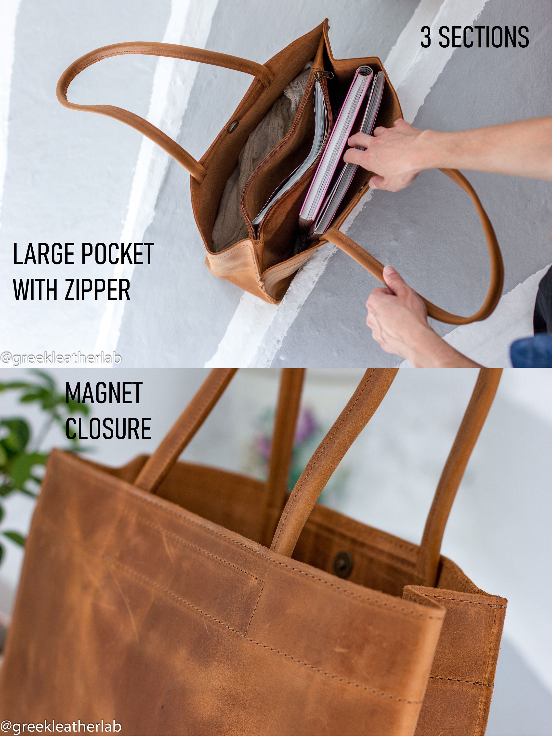 Leather Tote Bag With Magnet Closure, Large Leather Shopping Bag