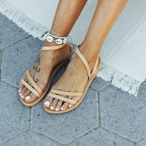 Side View natural tanned Strappy Sandals — Handmade Greek Sandals