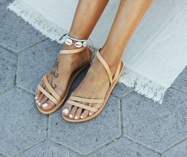 Side View natural tanned Strappy Sandals — Handmade Greek Sandals