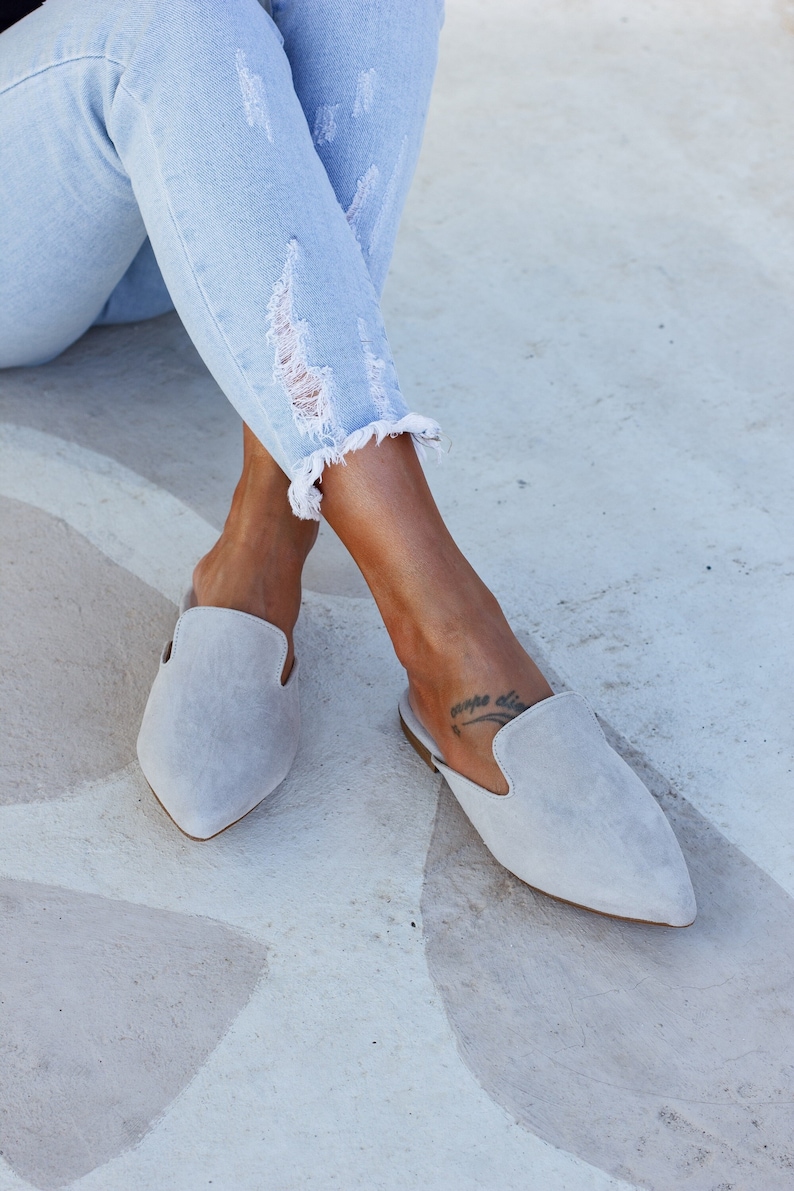 Loraine grey suede leather mules — women’s slip-on flats handmade in Greece