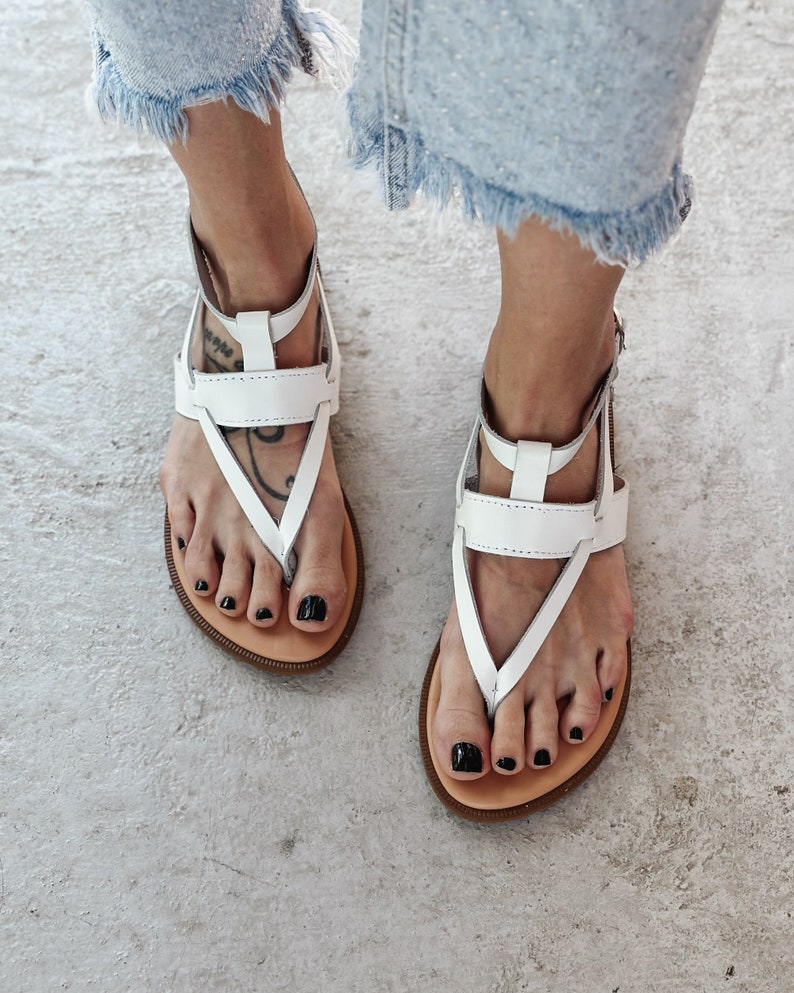 ARIANNA Griekse leren sandalen, enkelband sandalen, zwarte sandalen, leren damesschoenen, leren flats, sandalen Griekenland, cadeau voor haar White