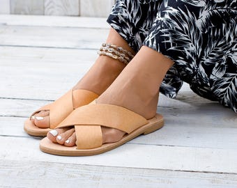 ANDROS X-strap sandals, Greek leather sandals, leather slides, summer sandals, leather sandals