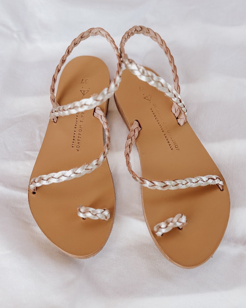sandales en cuir grec pour femmes, sandales en cuir pour femmes, sandales dorées, sandales Griechische Leder, anneau d'orteil, SYROS tressé or image 7