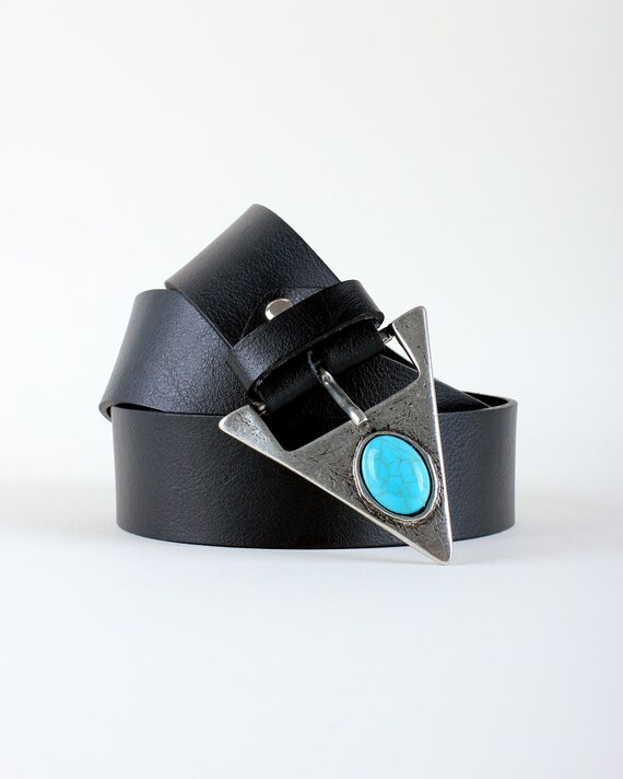 EUC BOHO Turquoise Stone Black Belt BLACK TURQUOISE Faux Leather CAB Stone Accent Disc Boho Belt  main image 3