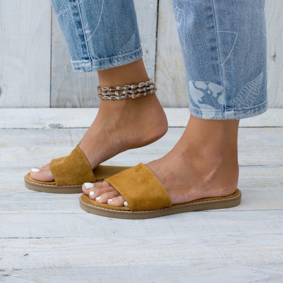 Suede Leather Slides, Handmade Greek Sandals "Hera"