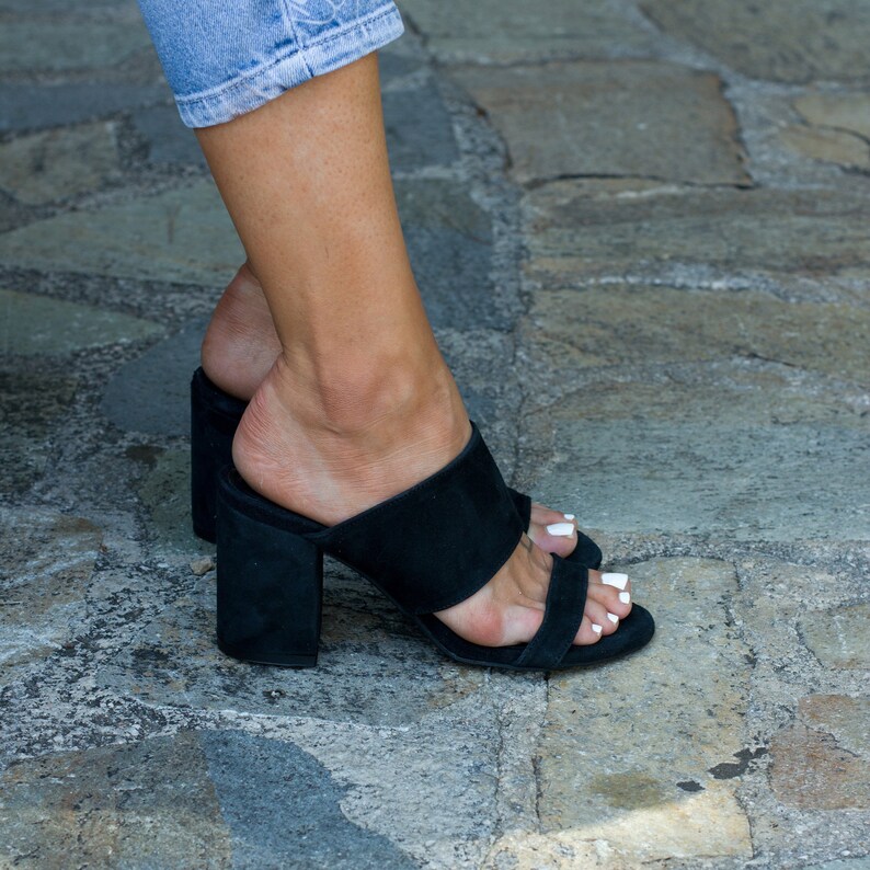 On-feet Black Heeled Sandals — Secure Wide Instep Strap Fit