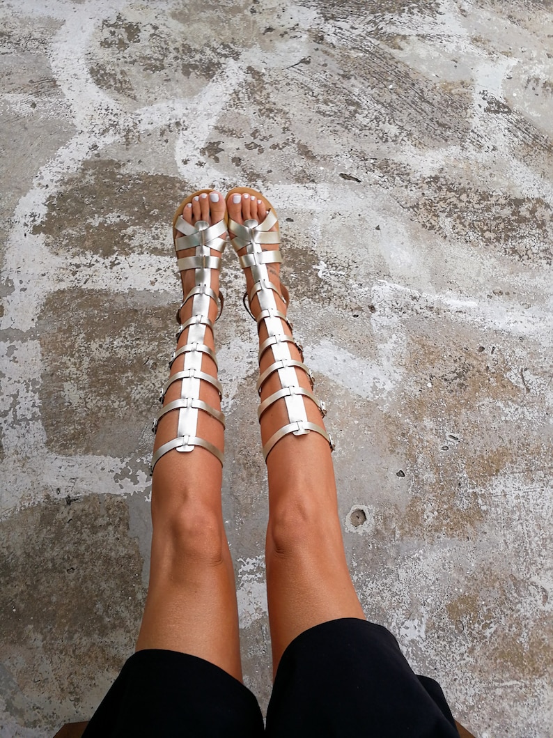 Gold gladiator leather sandals — women’s Greek knee high flats