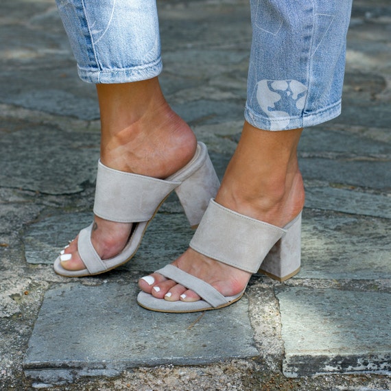 Women’s Gray Suede Block Heels, Wide Instep Strap, Cushioned Comfort, Wedding Guest Shoe | NEFELI