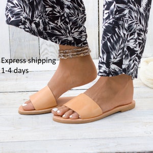 May include: A pair of light brown leather sandals with a simple design. The sandals have a flat sole and a single strap across the top of the foot.