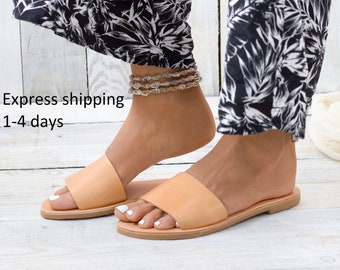 MYLOS レザーサンダル、ギリシャ風レザーサンダル、レザースライド、サマーシューズ、フラットサンダル