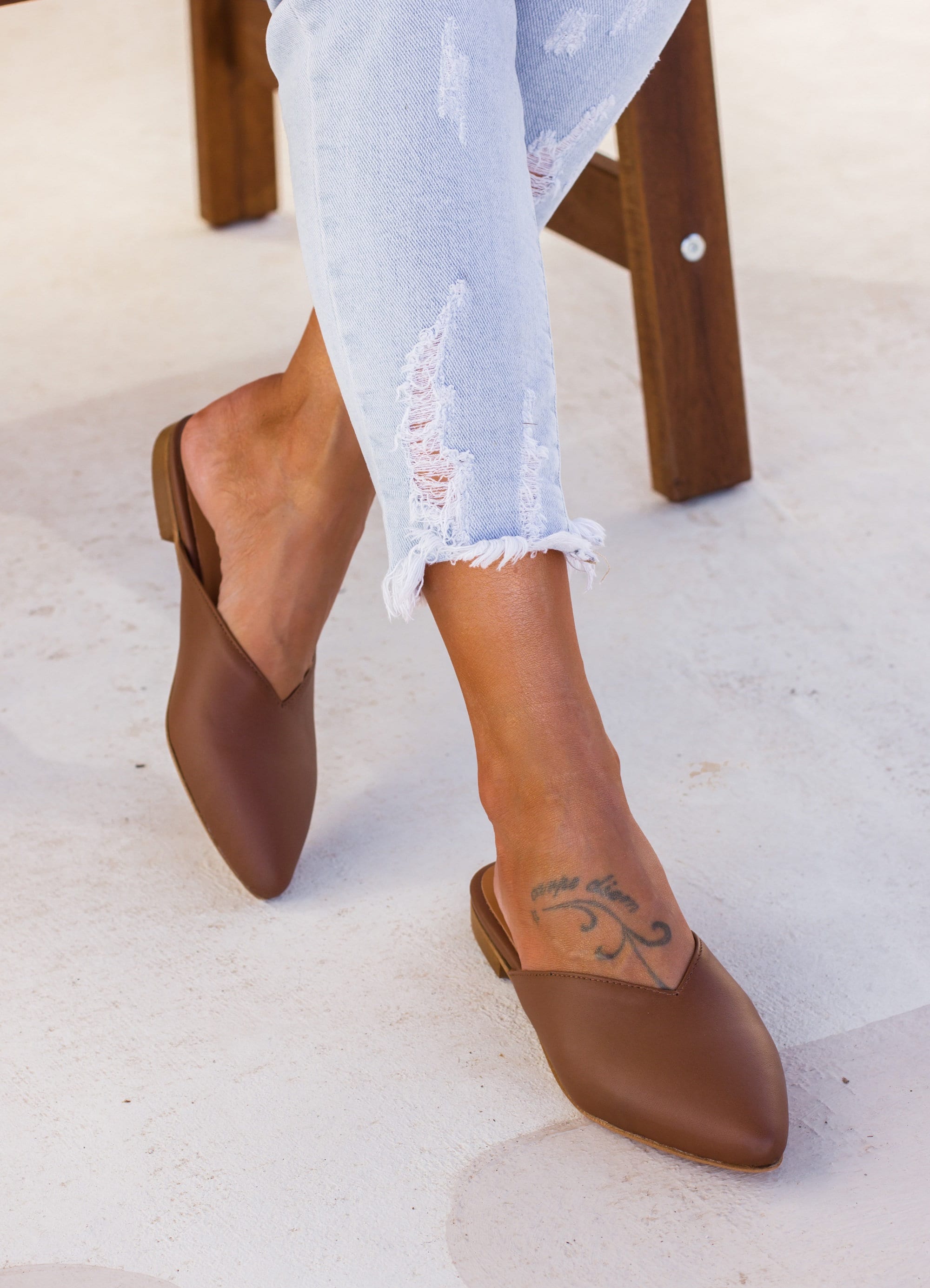 Tan leather mules flat clearance