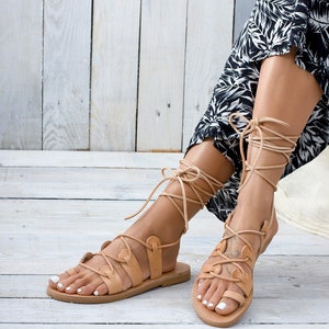 Sandales en cuir ATHENA, sandales spartiates grecques de couleur naturelle, sandales à anneau d'orteil, sandales à lacets, sandales pour femmes, chaussures pour femmes image 3