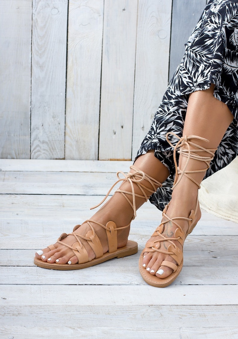 ATHENA Leather sandals, Natural color Greek gladiator sandals, Toe ring sandals, lace up sandals,women sandals, women shoes image 3