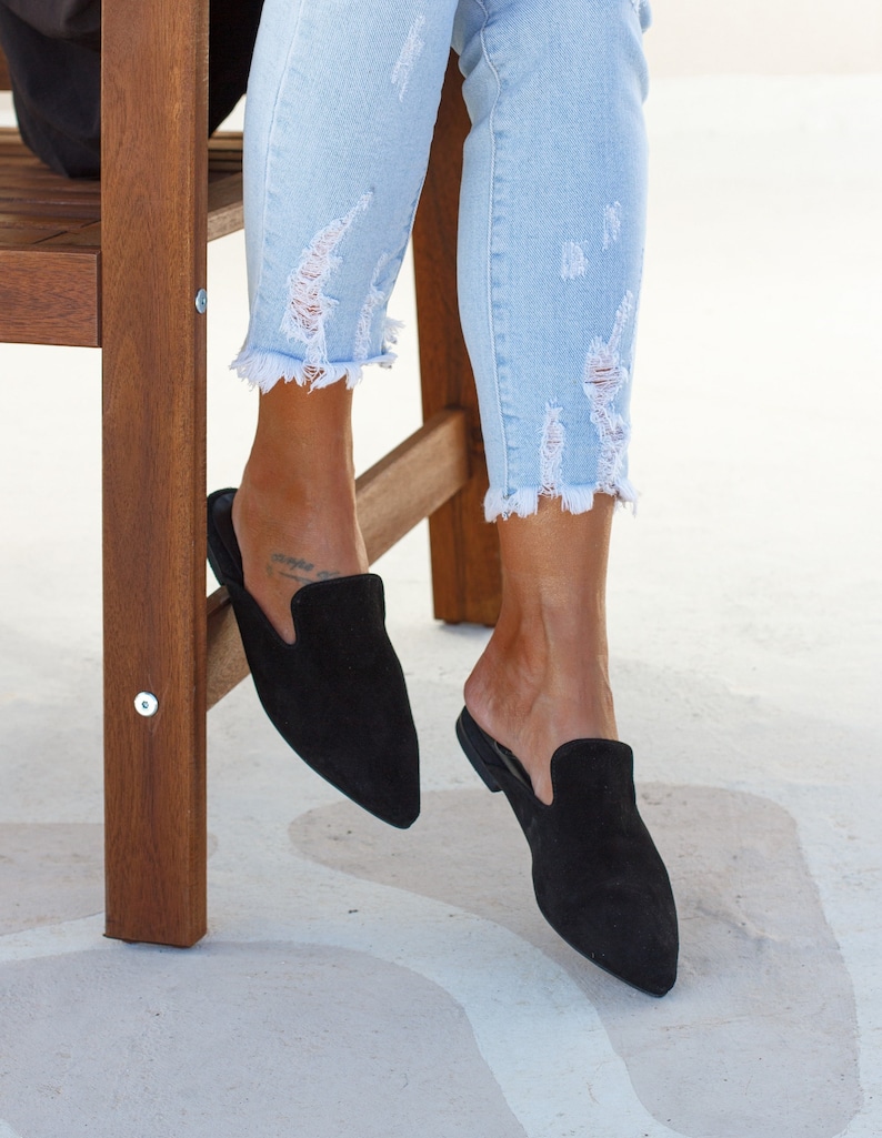 Loraine black suede leather mules — women’s slip-on flats handmade in Greece
