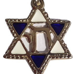 May include: A gold-toned Star of David pendant with blue and white enamel. The pendant features the Hebrew letter 'Shin' in the center.
