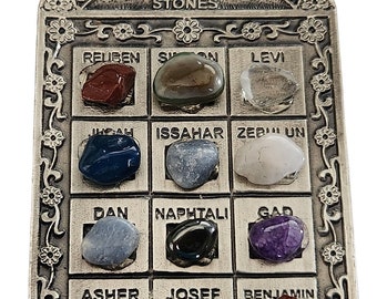 Decorative 12 choshen gems ornament with the Israel tribes real stones in Hebrew or English