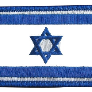 May include: An embroidered patch featuring the Star of David, a symbol of Israel, in blue and white.