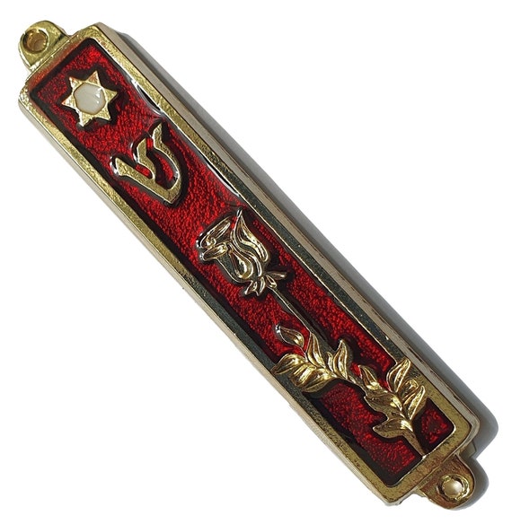 Red / Cyan flower design Mezuzah Shin with star of David from Israel 3"  needs 7cm scroll
