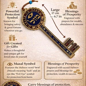 May include: A decorative key amulet with Hebrew text, described as the "Key of Wealth" and "The Ultimate Jewish Protection Amulet." The key is approximately 6.7 inches long, featuring a blue and gold design with a leather cord.