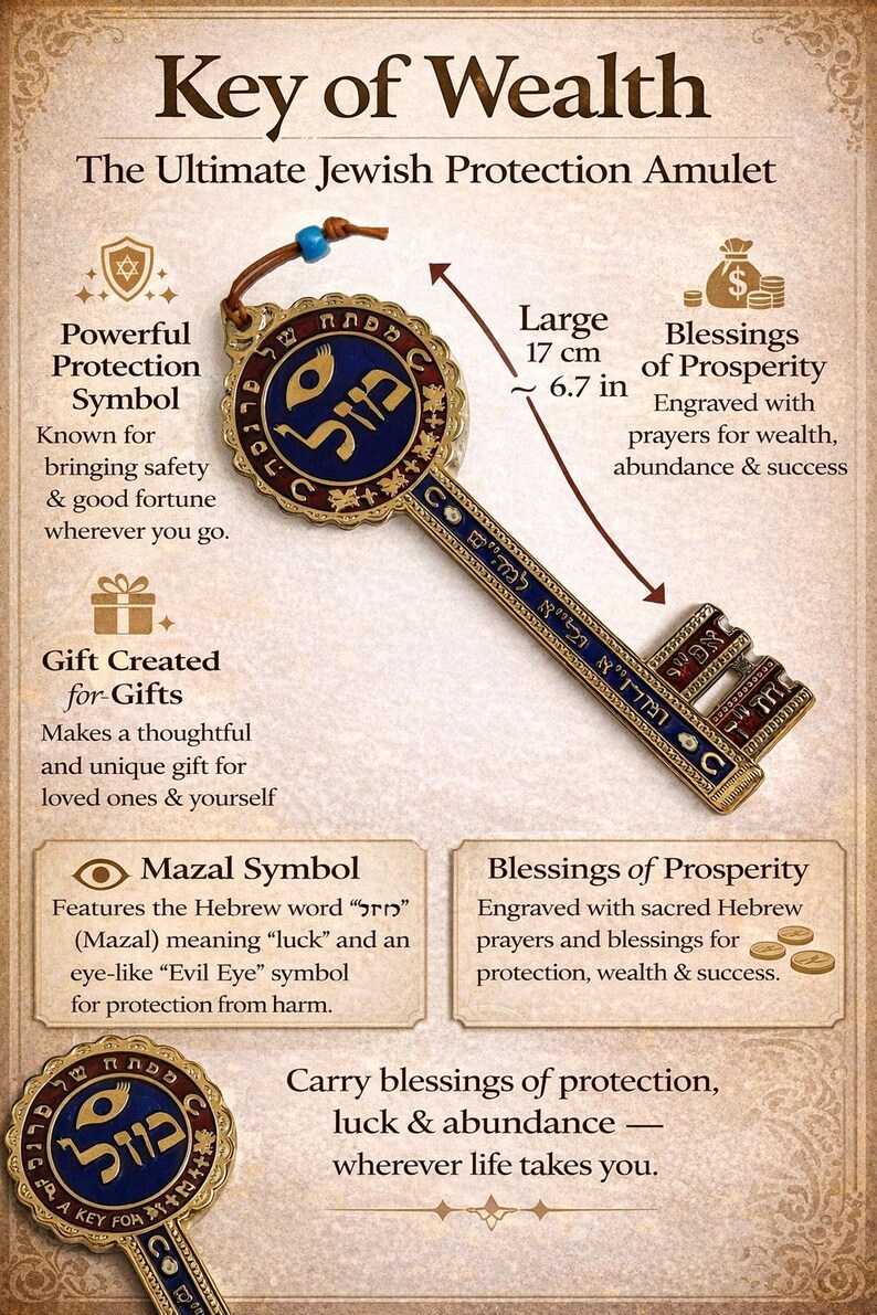 May include: A decorative key amulet with Hebrew text, described as the "Key of Wealth" and "The Ultimate Jewish Protection Amulet." The key is approximately 6.7 inches long, featuring a blue and gold design with a leather cord.