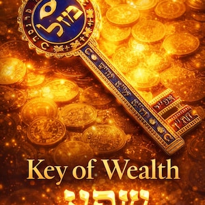 May include: An ornate key with a blue and gold design, featuring Hebrew text, rests atop a bed of gold coins. The words "Key of Wealth" and another Hebrew word are displayed in gold lettering.