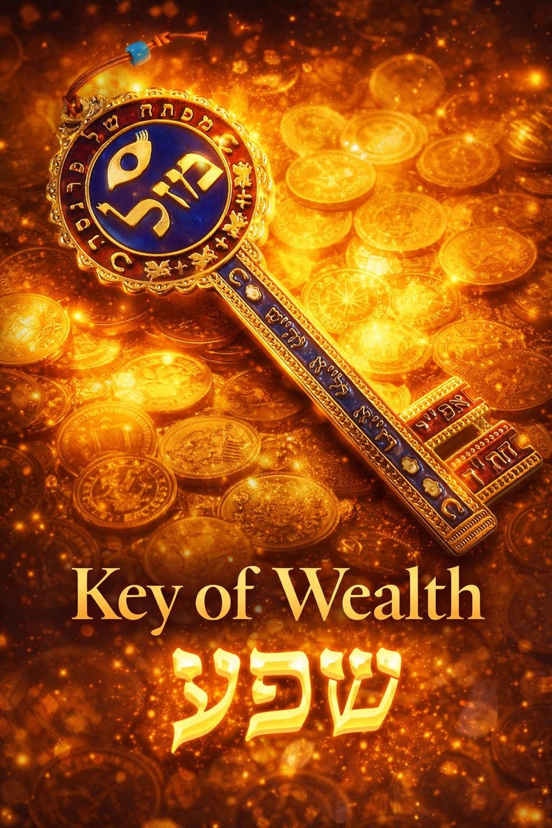 May include: An ornate key with a blue and gold design, featuring Hebrew text, rests atop a bed of gold coins. The words "Key of Wealth" and another Hebrew word are displayed in gold lettering.
