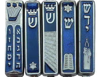 FIVE Israel flag mezuzah case SET jewish mezuza need 7cm scroll Shabath candle, crown,Star of David, Jerusalem, breast plates design
