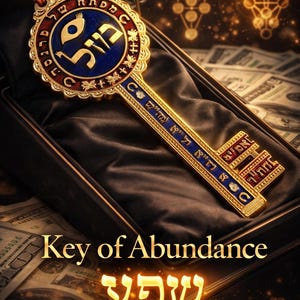 May include: A decorative gold key with blue and red accents, featuring Hebrew text and symbols. The key is presented in a black box, with the words "Key of Abundance" and the Hebrew word "שפע" displayed below. The background includes images of money.