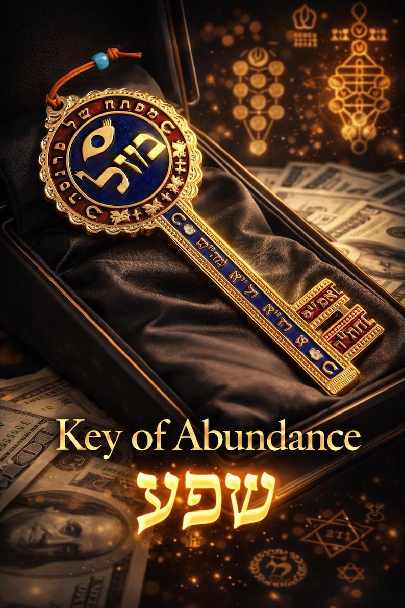 May include: A decorative gold key with blue and red accents, featuring Hebrew text and symbols. The key is presented in a black box, with the words "Key of Abundance" and the Hebrew word "שפע" displayed below. The background includes images of money.