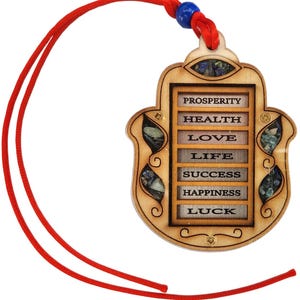 Baby / children wood hamsa, with 7 blessings and red string kabbalah amulet for evil eye protection,  happiness and success made in Israel