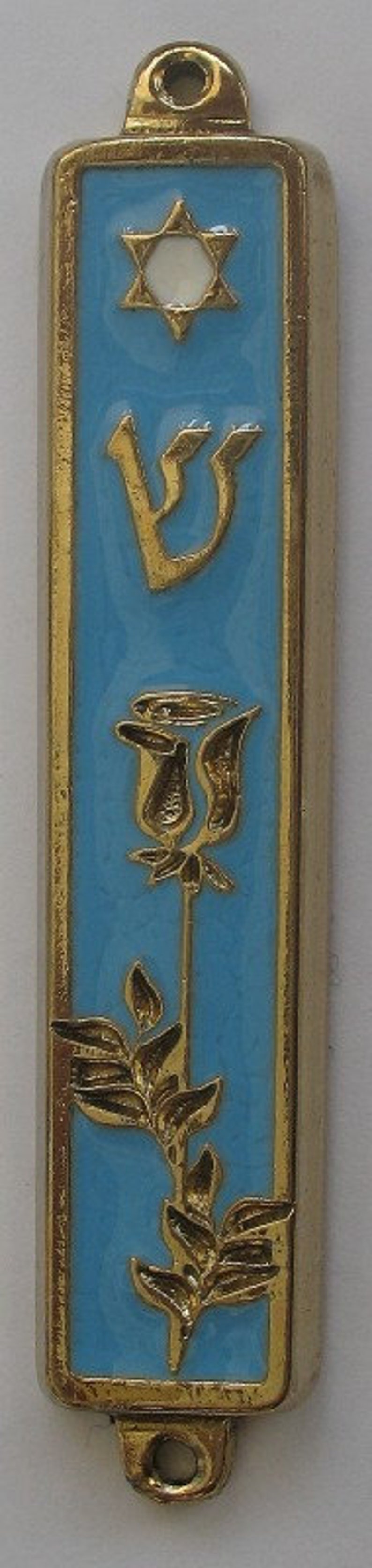 May include: A gold-colored mezuzah with a blue background. The mezuzah features a Star of David, the Hebrew letter Shin, and a stylized rose.