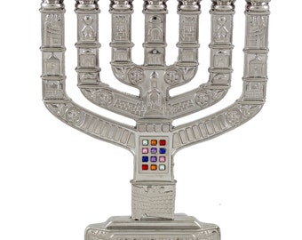 Goldene / silberne Ton Menorah aus Israel Jerusalem alte Stadt und Tempel entwerfen 12 Hoschen Steine