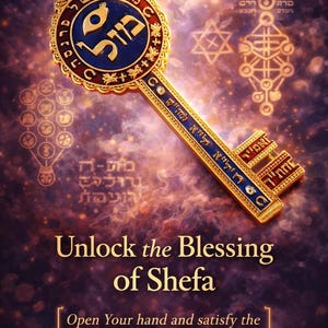 May include: A decorative key with gold and blue accents, featuring Hebrew text and symbols. The key has a circular head with a central design and the text "Unlock the Blessing of Shefa" at the bottom.