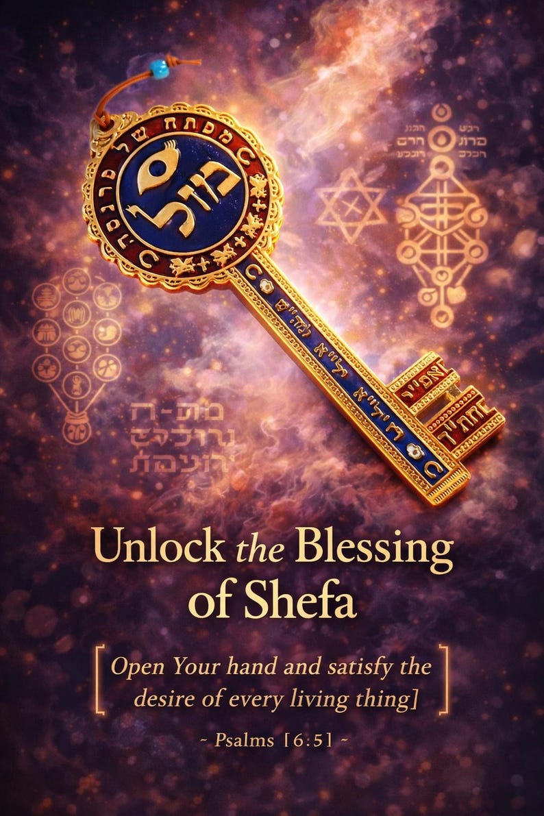 May include: A decorative key with gold and blue accents, featuring Hebrew text and symbols. The key has a circular head with a central design and the text "Unlock the Blessing of Shefa" at the bottom.