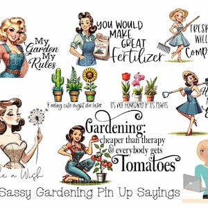 14 freche Gartenarbeit Pin Up Girls PNGs | Lustige Gartenarbeit PNG | Vintage Pin-Up PNG | Pin-Up Girls Sublimation