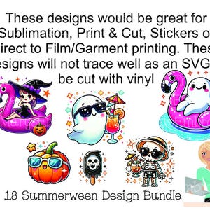 May include: A collection of colorful digital designs with a Summerween theme, including a witch on a flamingo float, a ghost with sunglasses, and a pumpkin wearing sunglasses. The designs are suitable for sublimation, print & cut, stickers, or direct-to-film printing.