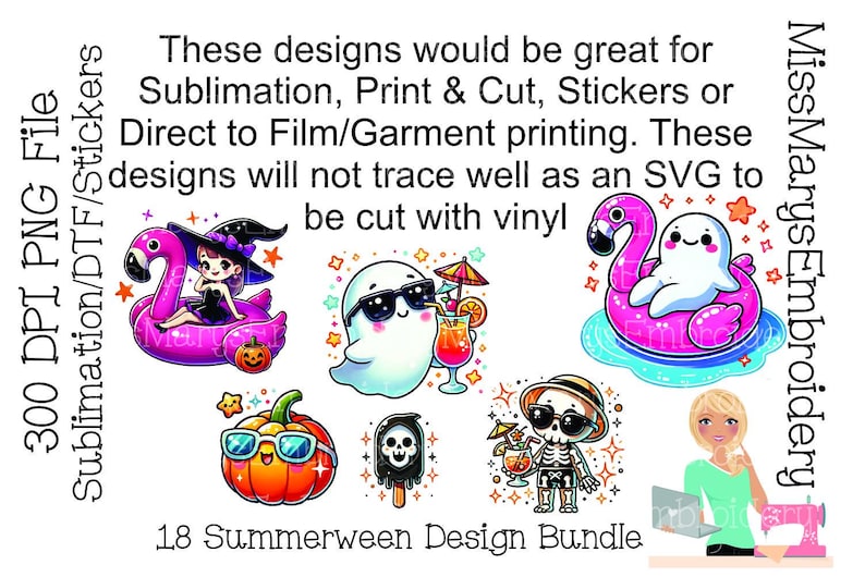 May include: A collection of colorful digital designs with a Summerween theme, including a witch on a flamingo float, a ghost with sunglasses, and a pumpkin wearing sunglasses. The designs are suitable for sublimation, print & cut, stickers, or direct-to-film printing.
