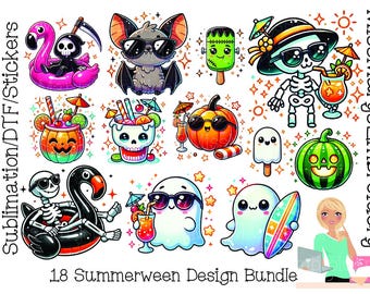 Summerween PNG Clipart-paket | Halloween-strandsublimering | Sommarspöke-clipart | Strandskelettdesigner | Summerween-designer |