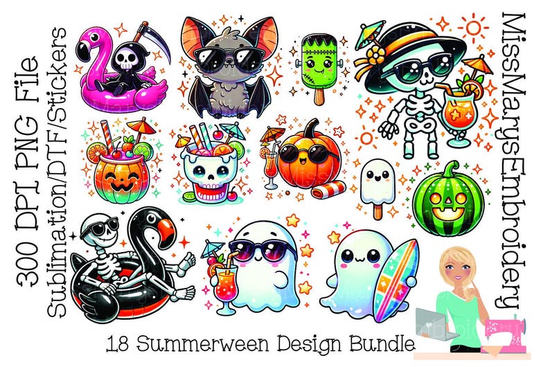 May include: A collection of colorful, cartoonish illustrations featuring Halloween and summer themes. Includes a skeleton on a flamingo float, a bat, a popsicle, a pumpkin, ghosts, and cocktails. The text "18 Summerween Design Bundle" is also present.